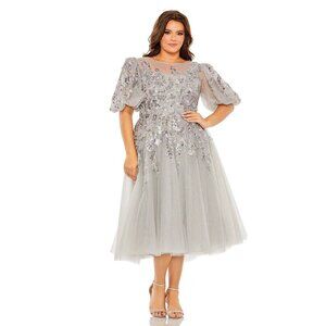 NWT Mac Duggal Gray Puff Sleeve Glitter Embellished Dress Charcoal 20W #7854